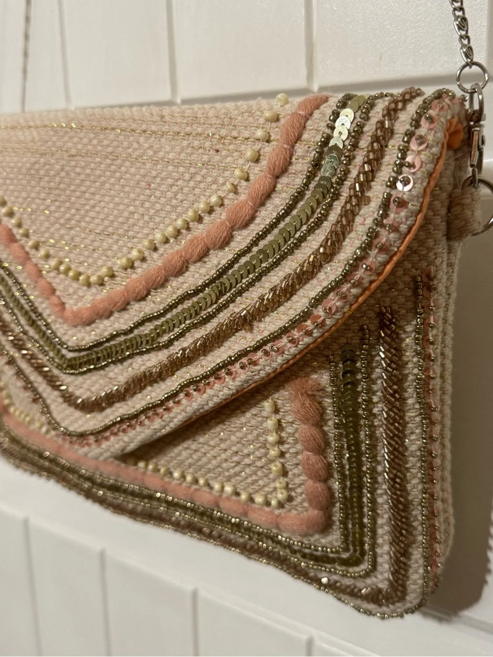 America & Beyond Embellished Pink & Cream Beaded Envelope Crossbody Bag/Clutch